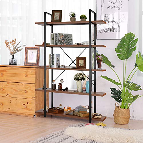 5 tier Industrial Bookshelf, 6 Foot Tall Solid Etagere Bookcase, 72 H x 12 W x 47D Inches, Free Standing Book Shelves for Living Room, Bedroom, Office, Black Metal Frame and Warm Rustic Brown Wood