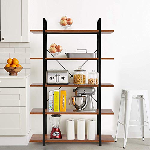 5 tier Industrial Bookshelf, 6 Foot Tall Solid Etagere Bookcase, 72 H x 12 W x 47D Inches, Free Standing Book Shelves for Living Room, Bedroom, Office, Black Metal Frame and Warm Rustic Brown Wood