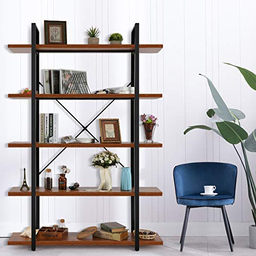 5 tier Industrial Bookshelf, 6 Foot Tall Solid Etagere Bookcase, 72 H x 12 W x 47D Inches, Free Standing Book Shelves for Living Room, Bedroom, Office, Black Metal Frame and Warm Rustic Brown Wood