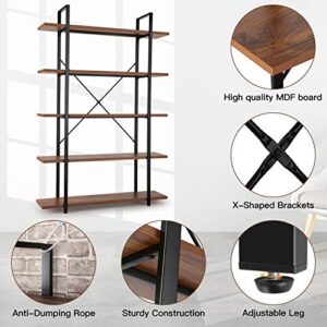 5 tier Industrial Bookshelf, 6 Foot Tall Solid Etagere Bookcase, 72 H x 12 W x 47D Inches, Free Standing Book Shelves for Living Room, Bedroom, Office, Black Metal Frame and Warm Rustic Brown Wood