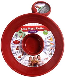 jokari less mess drip free chips and dip 14 inch serving bowl. rimmed platter to scrape extra dip, sauce, queso, salsa guac or dressing off chips, fruit, veggies, soft or hard pretzels, wings and more