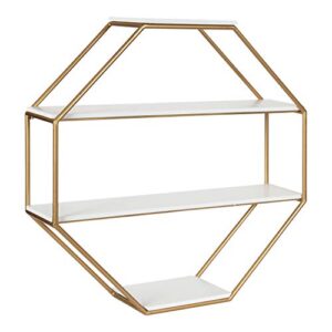 kate and laurel lintz glam octagon wall shelf, 24 x 24, white and gold, modern 4-tier geometric shelves for wall
