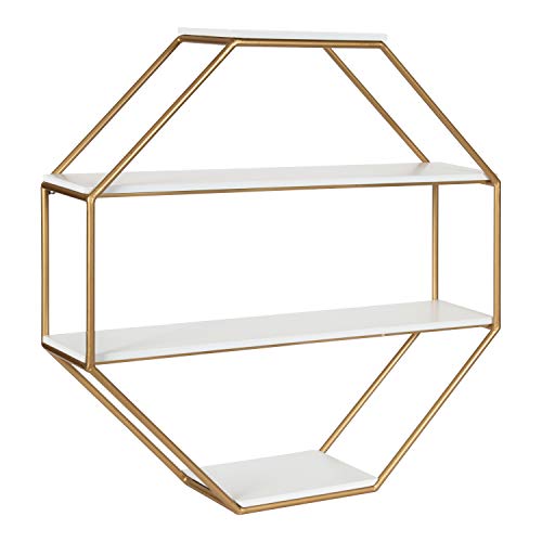 Kate and Laurel Lintz Glam Octagon Wall Shelf, 24 x 24, White and Gold, Modern 4-Tier Geometric Shelves for Wall