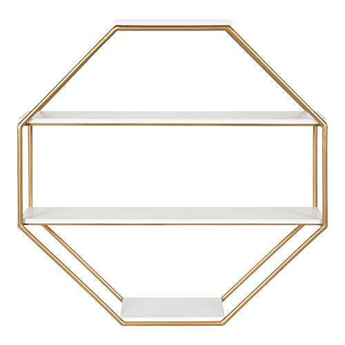 Kate and Laurel Lintz Glam Octagon Wall Shelf, 24 x 24, White and Gold, Modern 4-Tier Geometric Shelves for Wall