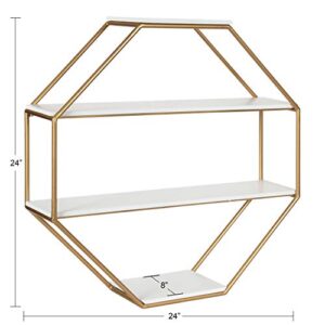 Kate and Laurel Lintz Glam Octagon Wall Shelf, 24 x 24, White and Gold, Modern 4-Tier Geometric Shelves for Wall