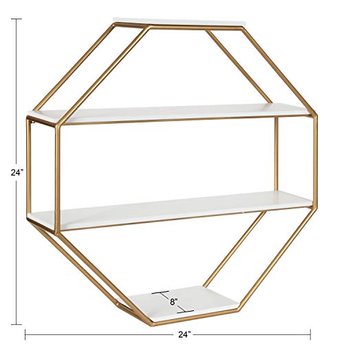 Kate and Laurel Lintz Glam Octagon Wall Shelf, 24 x 24, White and Gold, Modern 4-Tier Geometric Shelves for Wall