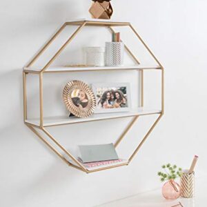 Kate and Laurel Lintz Glam Octagon Wall Shelf, 24 x 24, White and Gold, Modern 4-Tier Geometric Shelves for Wall