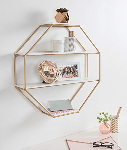 Kate and Laurel Lintz Glam Octagon Wall Shelf, 24 x 24, White and Gold, Modern 4-Tier Geometric Shelves for Wall