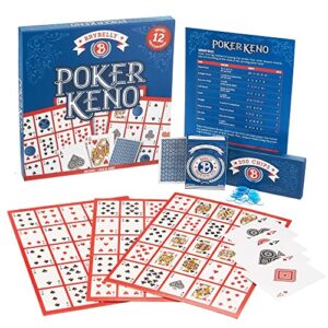 brybelly poker keno game set with cards and chips - adult family casino board game night gift includes deck of playing cards, 12 boards, 200 bingo chips