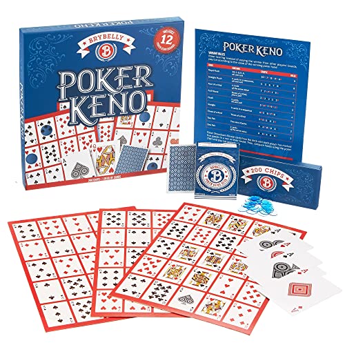 Brybelly Poker Keno Game Set with Cards and Chips - Adult Family Casino Board Game Night Gift Includes Deck of Playing Cards, 12 Boards, 200 Bingo Chips