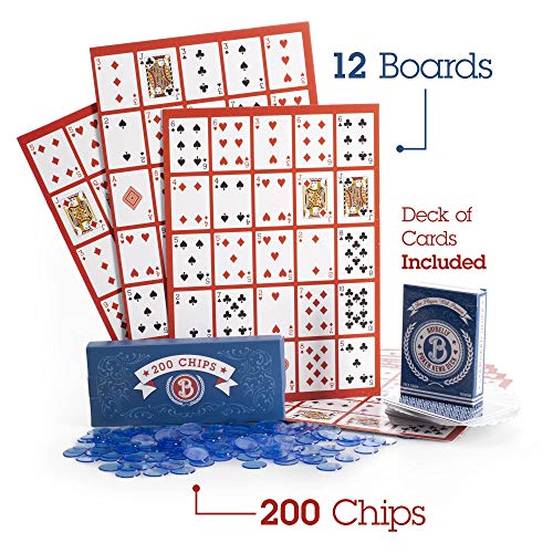 Brybelly Poker Keno Game Set with Cards and Chips - Adult Family Casino Board Game Night Gift Includes Deck of Playing Cards, 12 Boards, 200 Bingo Chips