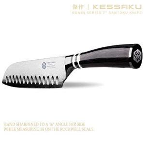 KESSAKU 7-Inch Santoku Knife - Ronin Series - Granton Edge - Forged High Carbon 7Cr17MoV Stainless Steel - Pakkawood Handle with Blade Guard