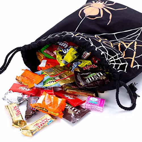 Halloween Trick or Treat Candy Bag | Washable Canvas Tote Bag | Drawstring Bag for Halloween Candy | Spider