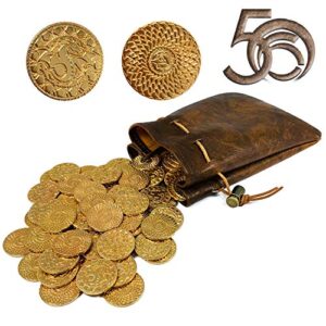 50 dnd fantasy metal gold coins & leather pouch for dungeons & dragons novelty tabletop rpg board games tokens treasure coins for party tablelap games accessories addons medieval game retro props