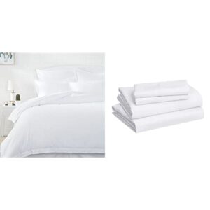 amazon basics light-weight microfiber duvet cover set w/snap buttons -full/queen, bright white & lightweight super soft easy care microfiber sheet set with 16 inch deep pockets - queen, bright white