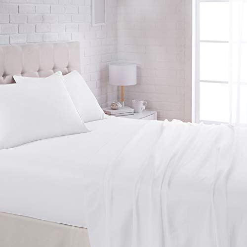 Amazon Basics Light-Weight Microfiber Duvet Cover Set W/Snap Buttons -Full/Queen, Bright White & Lightweight Super Soft Easy Care Microfiber Sheet Set with 16 inch Deep Pockets - Queen, Bright White