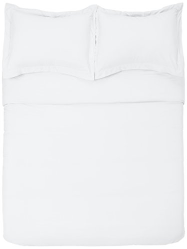 Amazon Basics Light-Weight Microfiber Duvet Cover Set W/Snap Buttons -Full/Queen, Bright White & Lightweight Super Soft Easy Care Microfiber Sheet Set with 16 inch Deep Pockets - Queen, Bright White