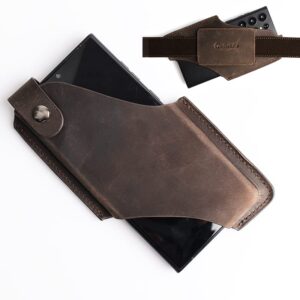 gentlestache leather phone holster, phone holder for belt loop, cell phone cases, leather belt pouch with magnetic button darkbrown
