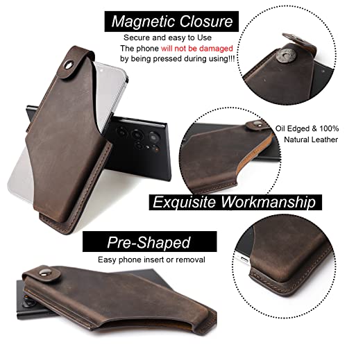 Gentlestache Leather Phone Holster, Phone Holder for Belt Loop, Cell Phone Cases, Leather Belt Pouch with Magnetic Button Darkbrown