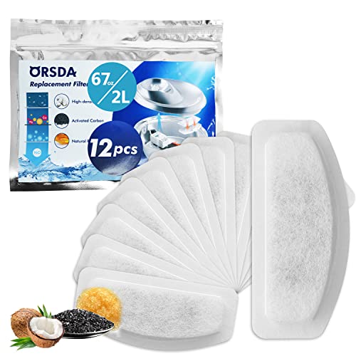 ORSDA Cat Water Fountain Filters, Replacement Carbon, Resin Filters for D30 67oz/2L Automatic Pet Fountain Cat Water Fountain Dog Water Dispenser, 3 Triple Filtration System… (12PCS 67oz/2L Filters)