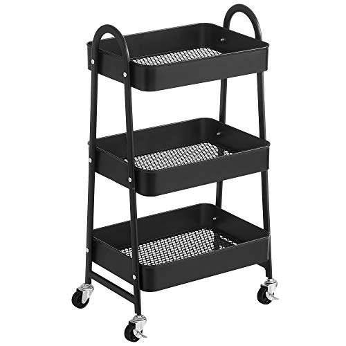 SONGMICS 3-Tier Rolling Cart, Metal Storage Cart, Kitchen Storage Trolley with 2 Brakes and Handles, Utility Cart, Easy Assembly, for Painting Utensils Bedroom Laundry Room, Black UBSC068B01