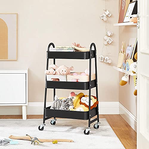 SONGMICS 3-Tier Rolling Cart, Metal Storage Cart, Kitchen Storage Trolley with 2 Brakes and Handles, Utility Cart, Easy Assembly, for Painting Utensils Bedroom Laundry Room, Black UBSC068B01