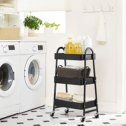 SONGMICS 3-Tier Rolling Cart, Metal Storage Cart, Kitchen Storage Trolley with 2 Brakes and Handles, Utility Cart, Easy Assembly, for Painting Utensils Bedroom Laundry Room, Black UBSC068B01