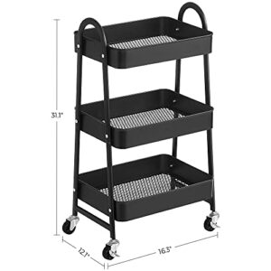 SONGMICS 3-Tier Rolling Cart, Metal Storage Cart, Kitchen Storage Trolley with 2 Brakes and Handles, Utility Cart, Easy Assembly, for Painting Utensils Bedroom Laundry Room, Black UBSC068B01