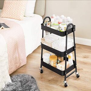SONGMICS 3-Tier Rolling Cart, Metal Storage Cart, Kitchen Storage Trolley with 2 Brakes and Handles, Utility Cart, Easy Assembly, for Painting Utensils Bedroom Laundry Room, Black UBSC068B01