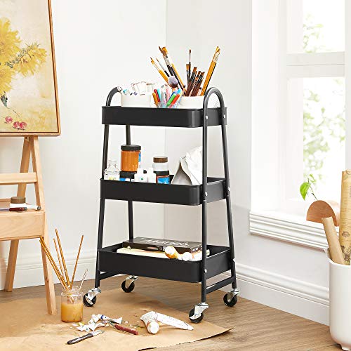 SONGMICS 3-Tier Rolling Cart, Metal Storage Cart, Kitchen Storage Trolley with 2 Brakes and Handles, Utility Cart, Easy Assembly, for Painting Utensils Bedroom Laundry Room, Black UBSC068B01