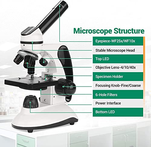 BNISE Microscope kit for Kids and Students, 40X-2000X Magnification, Prepared Slides Kit, Dual LED Illumination, All Glass Optics, and Cordless Capability for Children Beginner