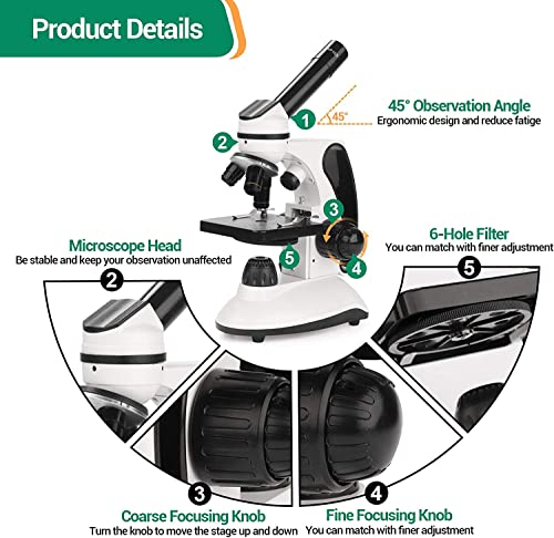 BNISE Microscope kit for Kids and Students, 40X-2000X Magnification, Prepared Slides Kit, Dual LED Illumination, All Glass Optics, and Cordless Capability for Children Beginner