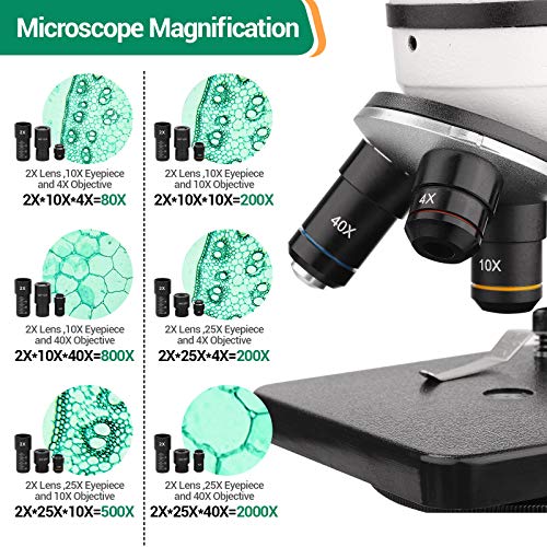 BNISE Microscope kit for Kids and Students, 40X-2000X Magnification, Prepared Slides Kit, Dual LED Illumination, All Glass Optics, and Cordless Capability for Children Beginner