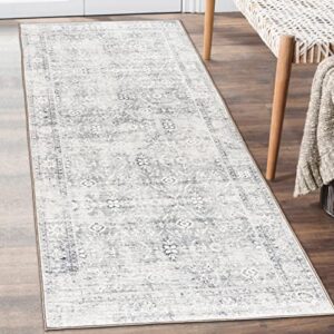 realife machine washable rug - stain resistant, non-shed - eco-friendly, non-slip, family & pet friendly - made from premium recycled fibers - vintage distressed trellis - silver ivory, 2'6" x 8'