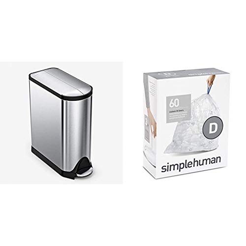 simplehuman 40 Liter / 10.6 Gallon Stainless Steel Dual Compartment Butterfly Lid Kitchen Step Trash Can Recycler & Code D Custom Fit Drawstring Recycling Trash Bags, 20 Liter / 5.2 Gallon, 60 Count