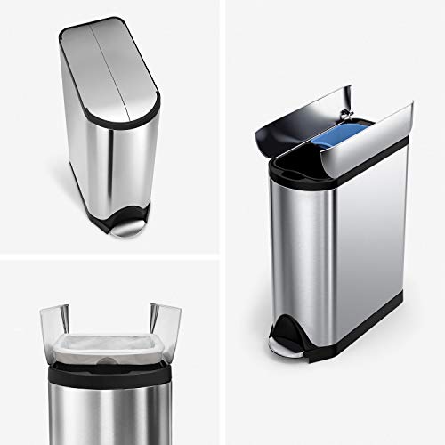 simplehuman 40 Liter / 10.6 Gallon Stainless Steel Dual Compartment Butterfly Lid Kitchen Step Trash Can Recycler & Code D Custom Fit Drawstring Recycling Trash Bags, 20 Liter / 5.2 Gallon, 60 Count