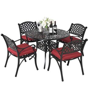 nuu garden 5 pieces outdoor patio dining sets with cushions, cast aluminum round outdoor conversation furniture set for balcony, black with antique bronze at the edge, red