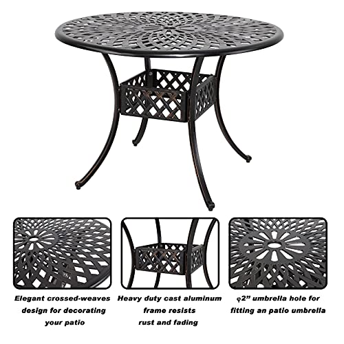 Nuu Garden 5 Pieces Outdoor Patio Dining Sets with Cushions, Cast Aluminum Round Outdoor Conversation Furniture Set for Balcony, Black with Antique Bronze at The Edge, Red