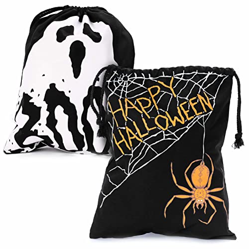 Halloween Trick or Treat Candy Bags | Washable Canvas Tote Bag | Drawstring Bag for Halloween Candy | Ghost & Spider House Bags