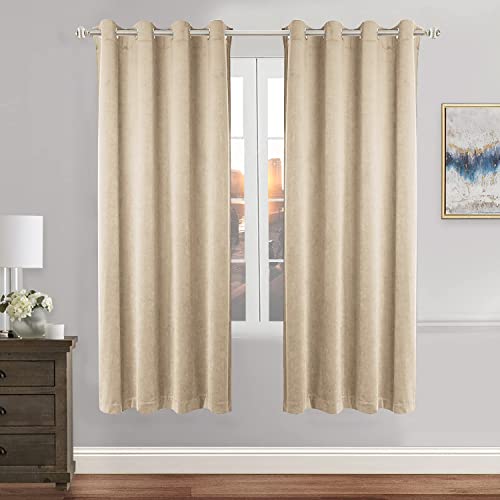 SNITIE Ivory Beige 63in Long Velvet Blackout Curtains with Grommet, Super Soft Thermal Insulated Noise Reducing Thick Velvet Drapes for Living Room and Bedroom, Set of 2 Panels, 52 x 63 Inch Long