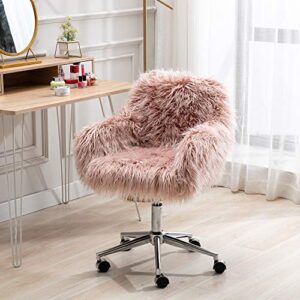 ssline desk chair faux fur task chair,modern cute accent armchair office chair,comfy fuzzy swivel makeup stool desk chair with wheels for living room/bedroom/dressing room,pink