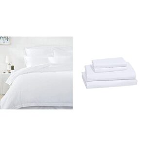 amazonbasics lightweight super soft easy care microfiber bed sheet set with 16" deep pockets - full, bright white & light-weight microfiber duvet cover set with snap buttons - full/queen, bright white