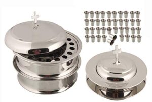 communion ware 2 holy wine serving trays with a lid & 2 stacking bread plates with a lid + 80 cups - stainless steel (mirror/silver)