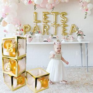 4 pcs Gold Transparent Balloons Boxes with 30 Letters 10 Numbers 5 Symbols, UNIIDECO Neutral Gender Reveal Oh Baby Shower Decorations ABC Blocks Sign, Bridal Wedding Shower Birthday Party Supplies