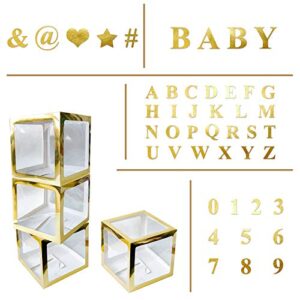 4 pcs Gold Transparent Balloons Boxes with 30 Letters 10 Numbers 5 Symbols, UNIIDECO Neutral Gender Reveal Oh Baby Shower Decorations ABC Blocks Sign, Bridal Wedding Shower Birthday Party Supplies