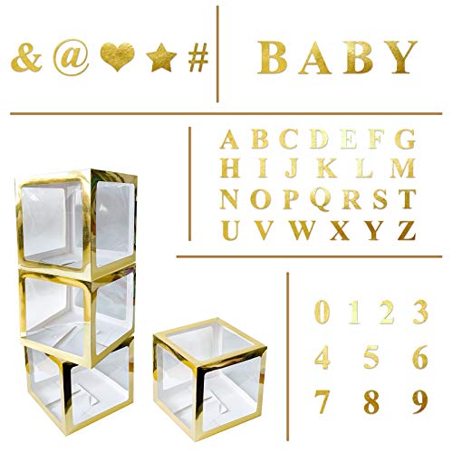 4 pcs Gold Transparent Balloons Boxes with 30 Letters 10 Numbers 5 Symbols, UNIIDECO Neutral Gender Reveal Oh Baby Shower Decorations ABC Blocks Sign, Bridal Wedding Shower Birthday Party Supplies