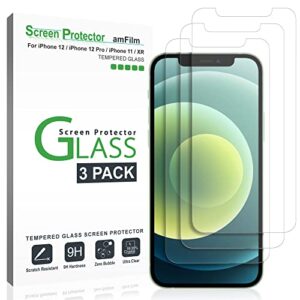 amfilm glass screen protector compatible for iphone 12, iphone 12 pro display with easy installation tray, glass, 3 pack
