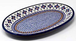 polish pottery oval serving platter from zaklady ceramiczne boleslawiec mosaic flower pattern, dimensions: 12 inch x 7.75 inch