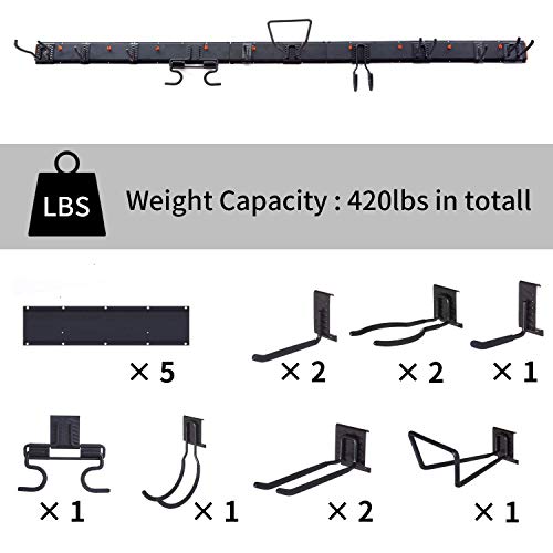 Homeon Wheels Tools Storage Rack system, for Room, Garage Organizer &Garden Organizer, Heavy-duty Solid and Easy to Install, Holds 10 hooks & Max 420 lbs, Holds Shovels, Rakes, Maps, Skis and Bikes