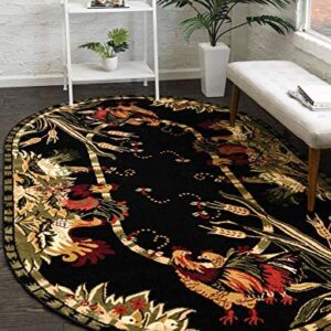 Unique Loom Barnyard Collection French Country Inspired Cottage Rooster Design Area Rug (5' 0 x 8' 0 Oval, Black/Ivory)